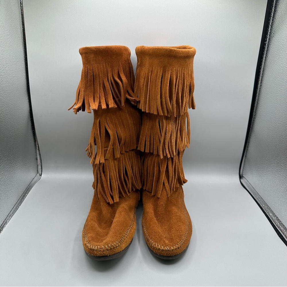 Minnetonka Triple Fringe Suede Moccasin Boots - Chestnut - Picture 5 of 11